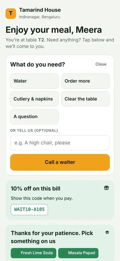 Call a waiter options: water, order more, cutlery, clear the table